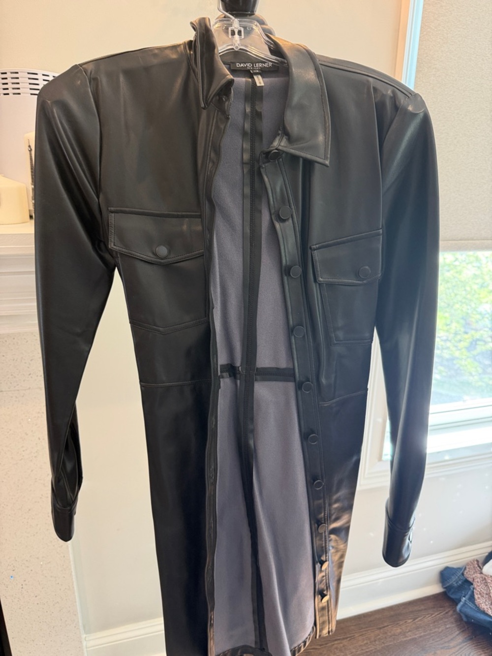 David Lerner Black Faux Leather Mini Shirt Jacket